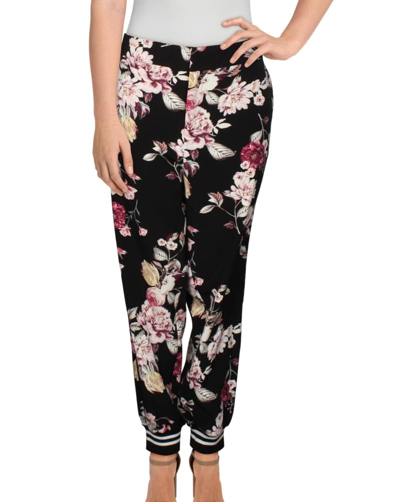 Front of a model wearing a size 2X Rachel Roy Women's Floral Print Contrast Trim Eden Pants Black 2X in Black by Rachel Roy. | dia_product_style_image_id:306348